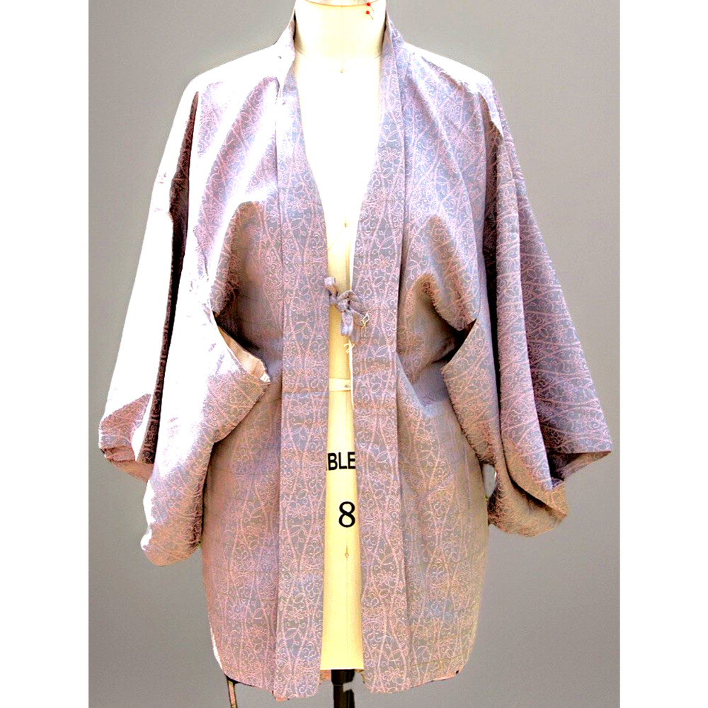 Vntg 50s Japanese Haori Kimono Jacket Gray with Pink Embroidery White Lining 8